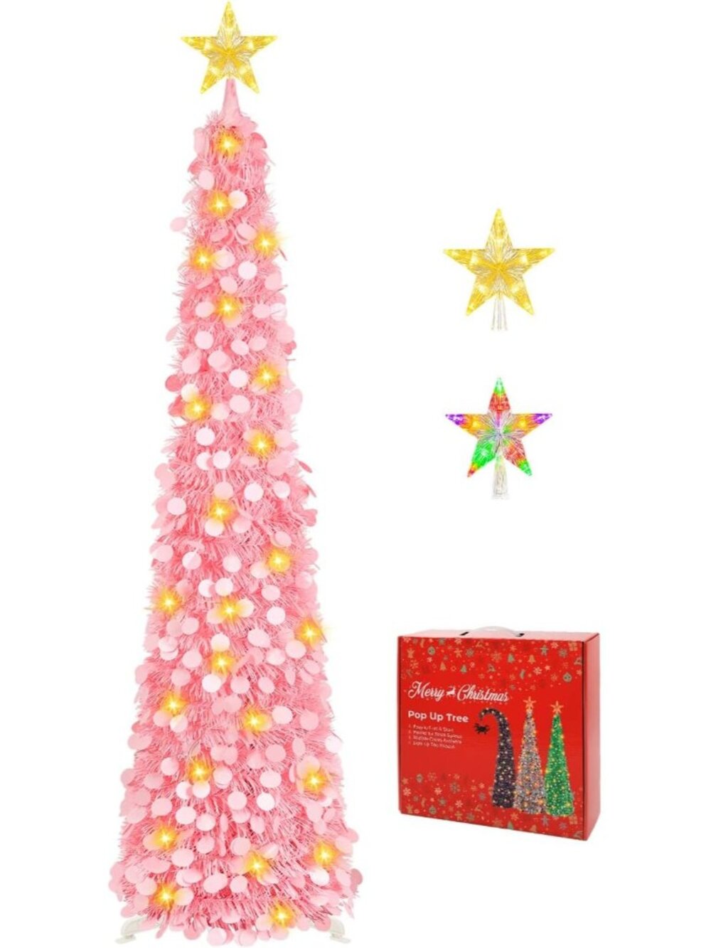 🎄5FT Light Pink Pop Up with Lighted Top Star for Christmas LED Tree Decorations